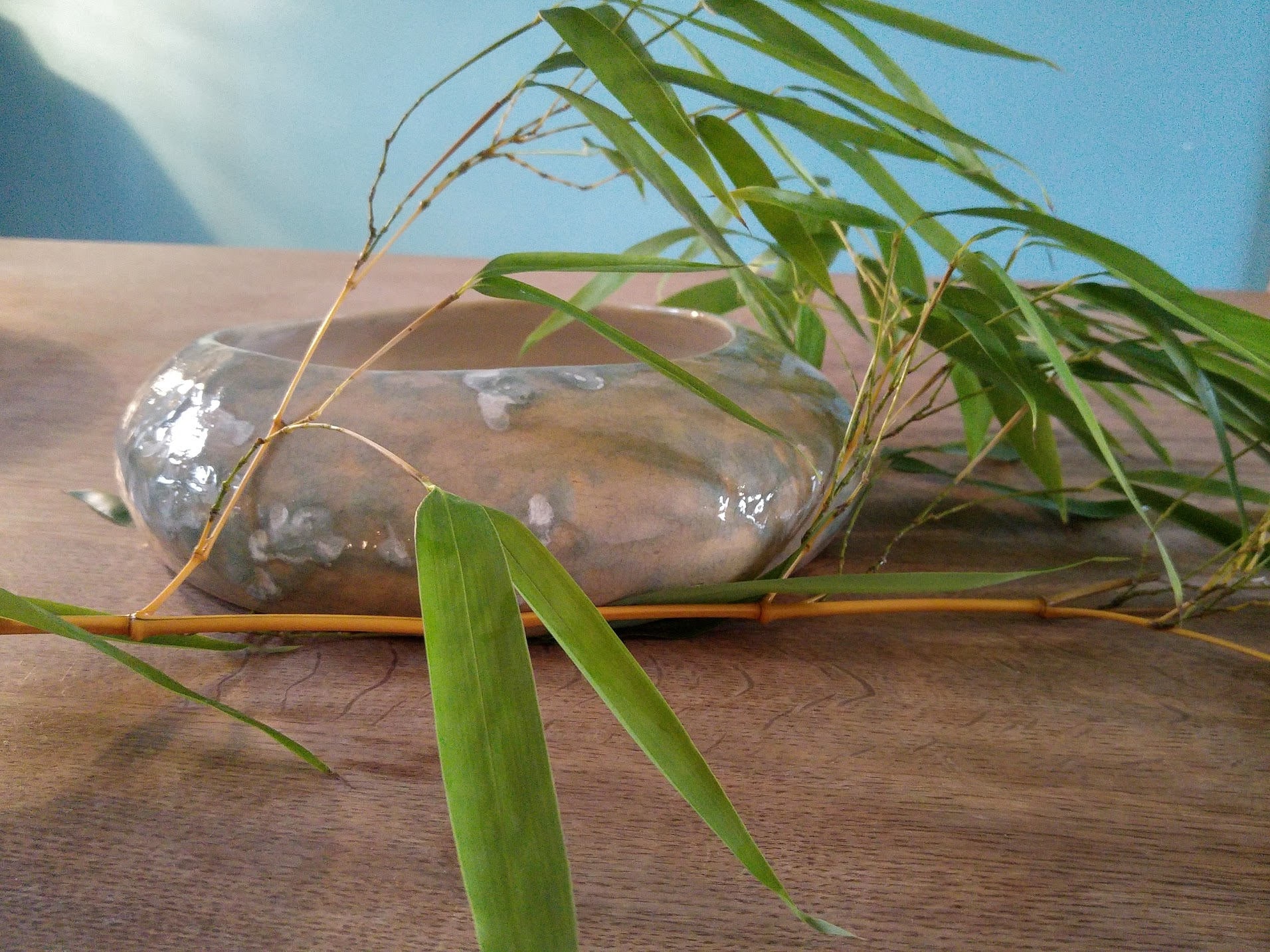 Vase Rond en Grès Rosé et Bleu Turquoise