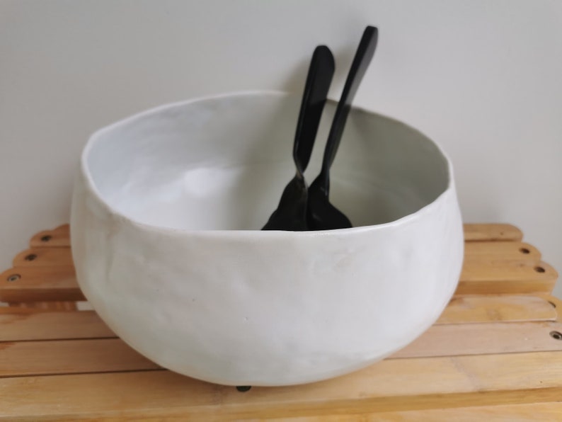 Large white stoneware salad bowl image 1