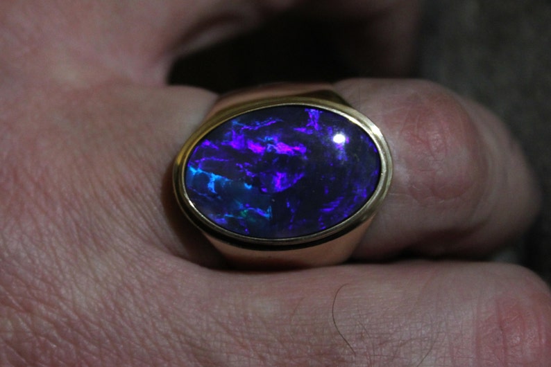 Black Opal Mens Ring 14 K Solid Yellow Gold Etsy