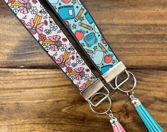 Teacher Wristlet Keychain: Ribbon & Faux Leather Tassel