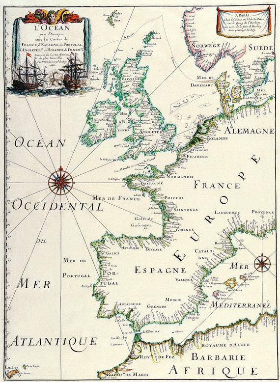 Printable Wall Art, Vintage Map , Ancient Map of Europe, Spain, Ocean , Instant Download, HQ