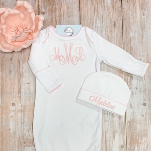 Monogram Baby Girl gown and cap set with pink picot trim, Infant gown set, baby girl gown, baby shower gift, going home gown, day gown
