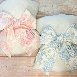 Monogrammed Baby Bow for swaddle, Swaddle blanket bow, large baby bow,monogram bow,baby shower gift, bow wrap,blue toile bow ,pink toile bow