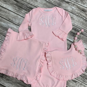 Monogram Pink Baby Girl gown set, Infant gown bib burp cloth set, pink baby gown, burp cloth, bib, ruffle gown, going home gown, day gown
