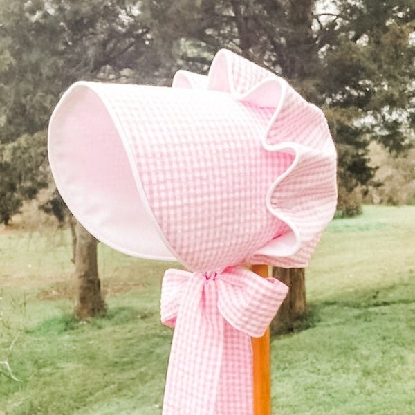Monogrammed Pink Gingham Seersucker Baby Bonnet, baby bonnet, monogram bonnet, baby shower gift, baby girl gift, seersucker bonnet, sun hat