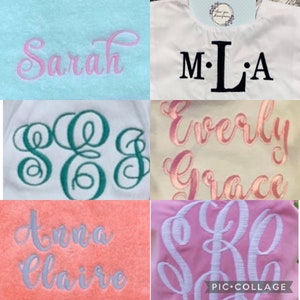 May include: A collage of five images showing different embroidery designs for personalized items. The designs include the names "Sarah", "M.L.A", "Everly Grace", "Anna Claire", and a monogram with the letters "S.E.S".