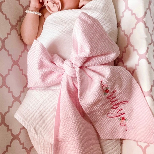 Monogrammed Baby Swaddle with Bow, Swaddle blanket bow, large baby bow, monogram bow, baby shower gift, bow wrap, baby sash