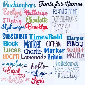May include: A collection of fonts for names, displayed in a variety of colors and styles. The fonts include Buckingham, Evelyn, Ballerina, Benjamin, Maisy, Charlotte, Pencil-FLOSS, Hydrangea, Brooklyn, Poppy, SUBSCRIBER, Times Bold, Harper, Block, Market, GOTHAM, Riley, Lucas, Charlie, Marker, SCOLHOP, adorn, Lemonade, Britain, Muffin, amelia, hello, feliciana, Scarlett, Sarah, melanie, Hadley, bellive, and Rosie.