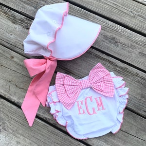 Monogrammed Baby Bonnet w/ button on back and bloomers set, bonnet and diaper cover, baby shower gift, Christening bonnet, baby bonnet