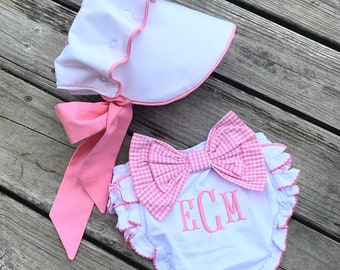 Monogrammed Baby Bonnet w/ button on back and bloomers set, bonnet and diaper cover, baby shower gift, Christening bonnet, baby bonnet