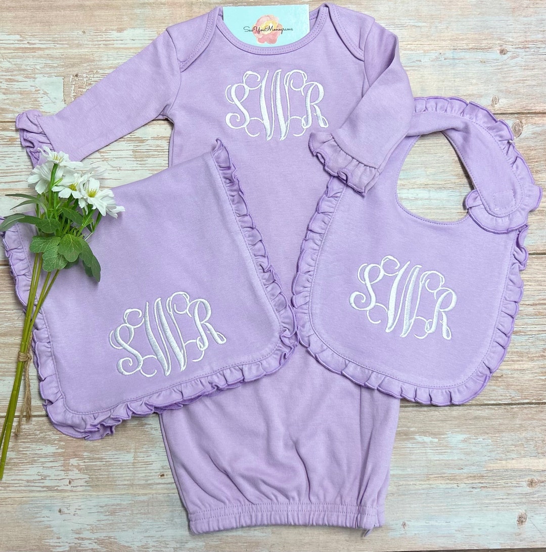 Lavender Baby Girl Monogram Gown Set, Infant Gown Bib Burp Cloth Set