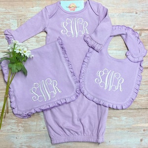 Lavender Baby Girl Monogram gown set, Infant gown bib burp cloth set, baby gown,personalized burp,bib, ruffle gown, going home gown,day gown