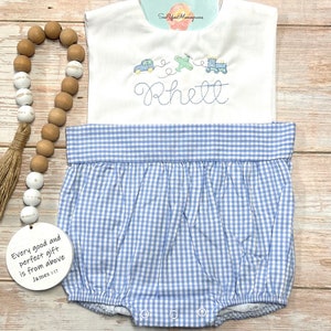 Baby Boy Monogrammed gingham sunsuit/Baby boy seersucker Jon Jon romper/first birthday outfit/blue gingham romper/ monogrammed boy romper