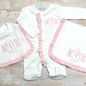 Monogram Baby Girl footie pjs, Infant footie, bib,burp cloth set, baby gift, personalized burp cloth, bib, ruffle footie, going home outfit image 1