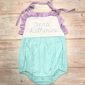 Monogrammed Ruffle Baby Sunsuit, Baby girl sunsuit, baby girl bubble, Monogrammed Bubble suit, baby bubble with ties, first birthday outfit