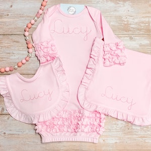 Monogram Baby Girl gown set, Infant gown bib burp cloth set, baby gown, personalized burp cloth, bib, ruffle gown, going home gown, day gown