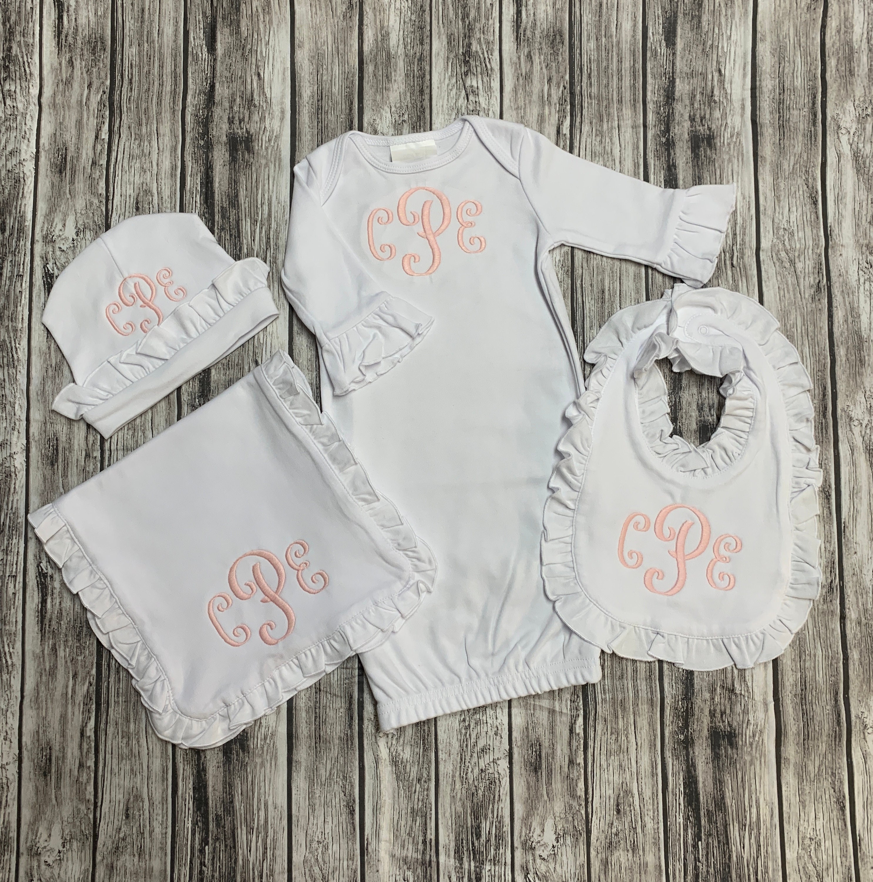 Monogram Baby Girl gown set, Infant gown bib burp cloth set, baby gow…
