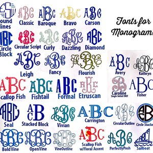 May include: A chart of different fonts for monograms, with each font style labeled. The fonts are shown in a variety of colors, including pink, blue, green, and yellow. The text "Fonts for Monograms" is at the top of the chart.