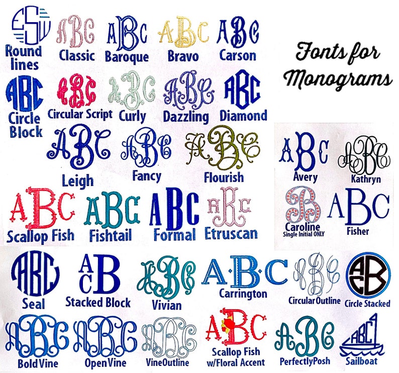 May include: A chart of different fonts for monograms, with each font style labeled. The fonts are shown in a variety of colors, including pink, blue, green, and yellow. The text "Fonts for Monograms" is at the top of the chart.