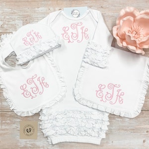 Monogram Baby Girl gown set, Infant gown bib burp cloth set, baby gown, personalized burp cloth, bib, ruffle gown, going home gown, day gown