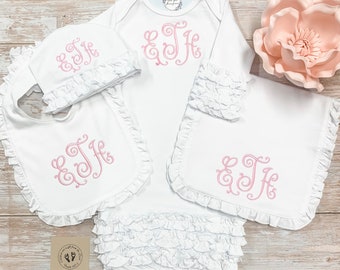Monogram Baby Girl gown set, Infant gown bib burp cloth set, baby gown, personalized burp cloth, bib, ruffle gown, going home gown, day gown