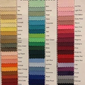 May include: A color chart of thread samples with names for each color. The colors are arranged in columns from left to right: ivory, tan, honey, camel, cornsilk, maize, lemon, gold, cafe, toast, army green, olive, ice peach, peach, coral, orange, neon orange, copper, burnt orange, terra cotta, brick, chocolate, mint, seamist, sage, aqua, turquoise, jade, teal, lime, neon green, kelly, moss, hunter, forest, light blue, ice blue, slate, periwinkle, royal, deep royal, navy, midnight, ice pink, light pink, pink balloon, dusty rose, mauve, neon pink, hot pink, raspberry, magenta, aubergine, ruby, burgundy, holiday red, cherry red, lilac, plum, purple, silver, charcoal, black, white.