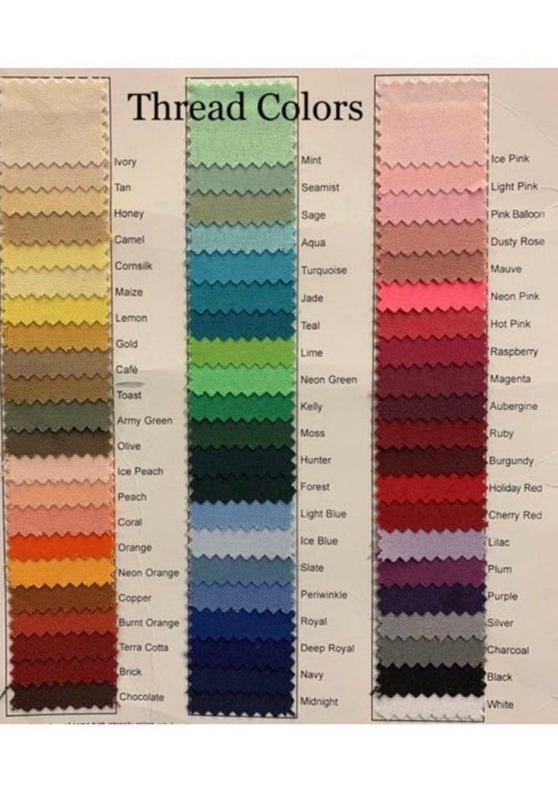 May include: A color chart of thread samples with names for each color. The colors are arranged in columns from left to right: ivory, tan, honey, camel, cornsilk, maize, lemon, gold, cafe, toast, army green, olive, ice peach, peach, coral, orange, neon orange, copper, burnt orange, terra cotta, brick, chocolate, mint, seamist, sage, aqua, turquoise, jade, teal, lime, neon green, kelly, moss, hunter, forest, light blue, ice blue, slate, periwinkle, royal, deep royal, navy, midnight, ice pink, light pink, pink balloon, dusty rose, mauve, neon pink, hot pink, raspberry, magenta, aubergine, ruby, burgundy, holiday red, cherry red, lilac, plum, purple, silver, charcoal, black, white.