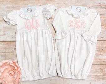 Monogram Baby Girl gown set, Infant gown bib burp cloth set, baby gown, personalized burp cloth, bib, ruffle gown, going home gown, day gown