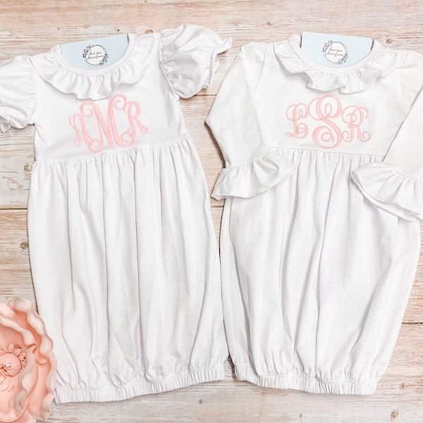 Monogram Baby Girl gown set, Infant gown bib burp cloth set, baby gown, personalized burp cloth, bib, ruffle gown, going home gown, day gown