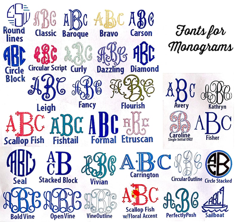 May include: A collection of monogram fonts in various styles, including Classic, Baroque, and Script, displayed on a white background. The text "Fonts for Monograms" is also present. Each font is shown with the letters "ABC".