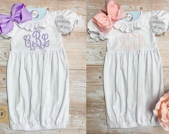 Monogram Baby Girl gown with bow, newborn gown and bow set, baby gown, ruffle gown, going home gown, day gown,