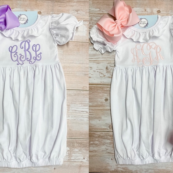 Monogram Baby Girl gown with bow, newborn gown and bow set, baby gown, ruffle gown, going home gown, day gown,