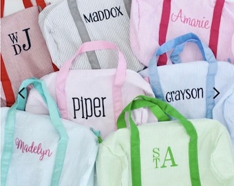 Monogrammed Seersucker Duffle Bag, travel bag, seersucker tote, Seersucker bag, Gym bag, ballet bag, dance bag, overnight bag, bag with name