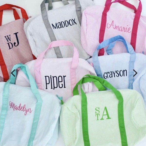 Monogrammed Seersucker Duffle Bag, travel bag, seersucker tote, Seersucker bag, Gym bag, ballet bag, dance bag, overnight bag, bag with name