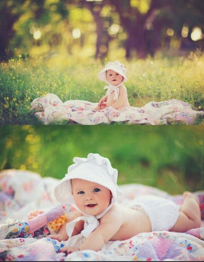 Monogrammed White Seersucker Baby Bonnet, button bonnet, baby bonnet,…