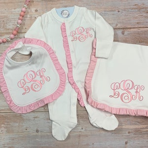 Monogram Baby Girl footie pjs, Infant footie, bib,burp cloth set, baby gift, personalized burp cloth, bib, ruffle footie, going home outfit image 4