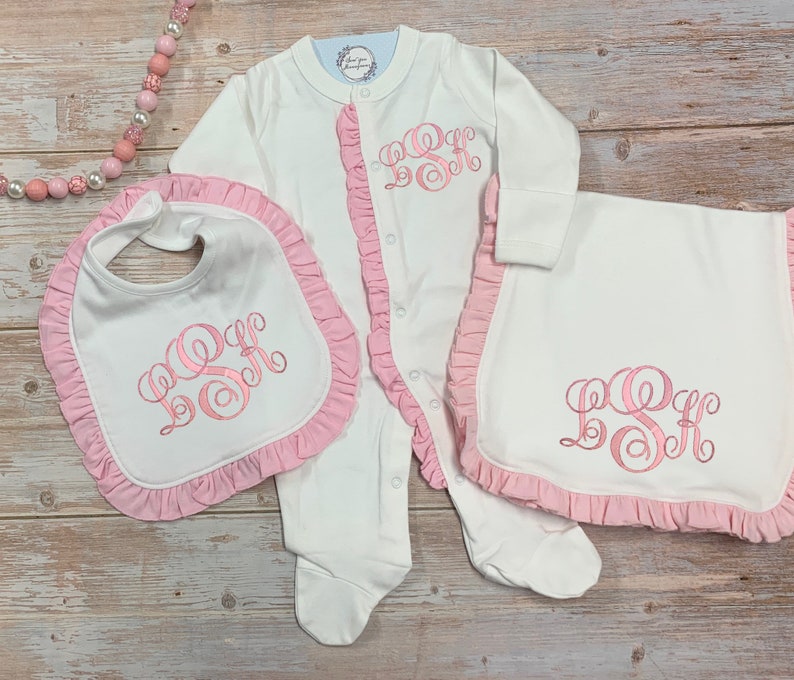Monogram Baby Girl footie pjs, Infant footie, bib,burp cloth set, baby gift, personalized burp cloth, bib, ruffle footie, going home outfit image 4