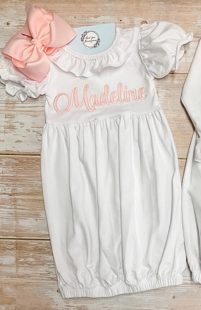 Monogram Baby Girl Gown With Bow Newborn Gown and Bow Set Etsy