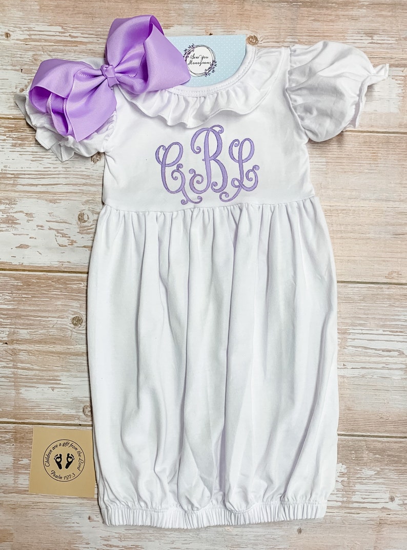 Monogram Baby Girl Gown With Bow Newborn Gown and Bow Set Etsy