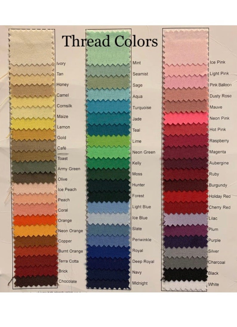 May include: A color chart displaying a variety of thread colors. The chart is labeled "Thread Colors" and includes swatches in shades of ivory, tan, honey, mint, aqua, and pink. Each swatch is labeled with its corresponding color name.
