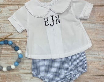 Monogrammed Baby Boy diaper shirt & bloomer set/Infant diaper shirt/baby shower gift for boy/baby boy going home outfit/Boy Peter Pan collar