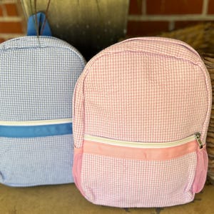 May include: Two gingham backpacks. One is light blue with a blue accent stripe and blue straps. The other is pink with a pink accent stripe and a silver zipper. Both have mesh side pockets.