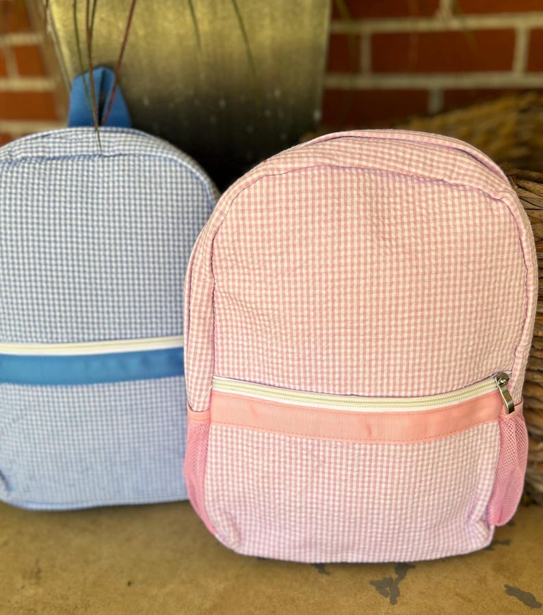 May include: Two gingham backpacks. One is light blue with a blue accent stripe and blue straps. The other is pink with a pink accent stripe and a silver zipper. Both have mesh side pockets.