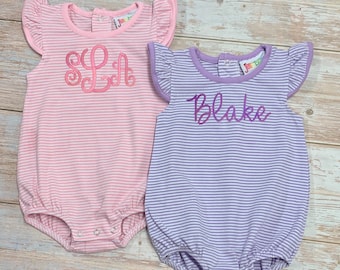 Baby Girl Monogrammed flutter sleeve sunsuit/Baby Girl romper/first birthday outfit/girl Bubble/girl romper/ girl sunsuit bubble with name