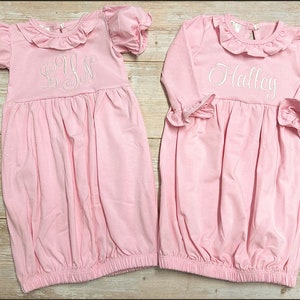 Monogram Baby Girl gown set, Infant gown bib burp cloth set, baby gown, personalized burp cloth, bib, ruffle gown, going home gown, day gown
