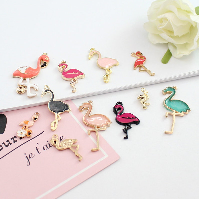 5pcs x Pink Flamingo Enamel Gold Alloy CHARM Pendants DIY Jewellery