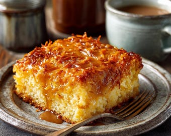 Receta de pastel de caramelo y coco gratinado / Pastel de plancha Lazy Dazy (PDF imprimible)