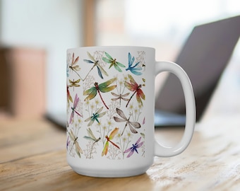 Vintage Dragonflies and Pressed Flowers Mug, Boho Dragonflies Cottagecore Coffee Mug, Vintage Dragonfly Tea Cup, Pastel Insect Nature Mug