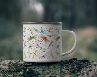 Taza de camping esmaltada con diseño de libélulas vintage