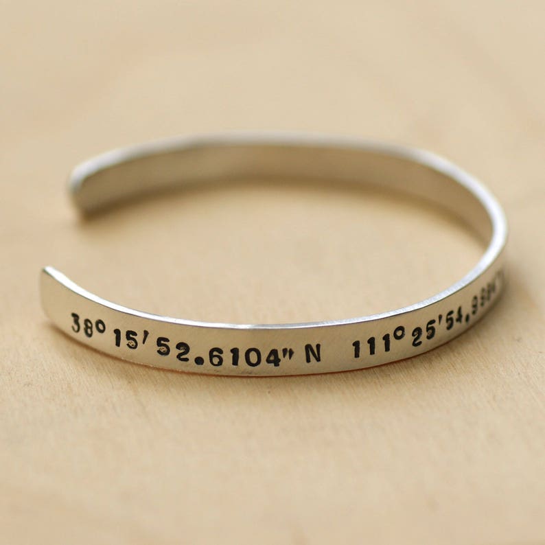 Handstamped GPS Coordinates Cuff Sterling Silver